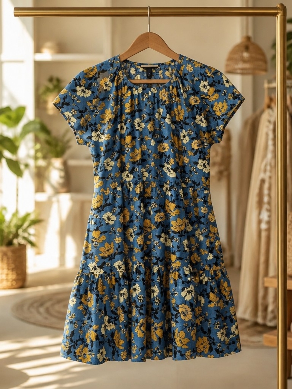 Universal Thread Blue Floral Tiered Short-Sleeve Dress with Mustard Blooms